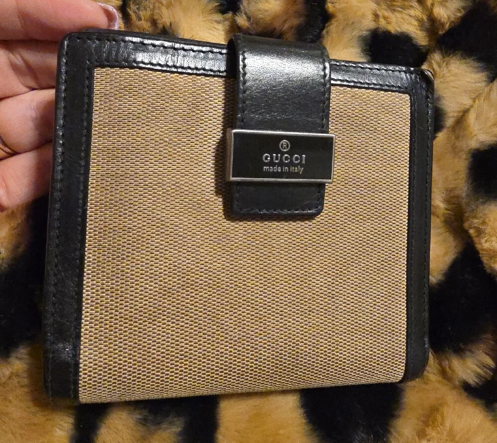Gucci Beige Canvas with Black Leather Trim Card Holder